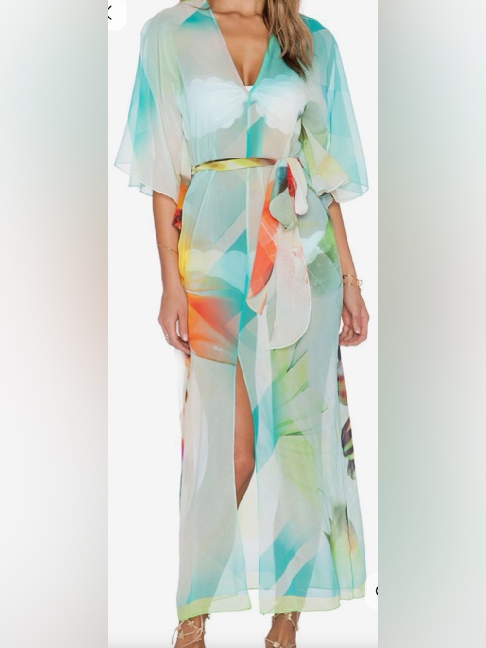 Milly of NY Sheer Multi-Color Floral Maxi Emma Caftan Lightweight Beach Wrap